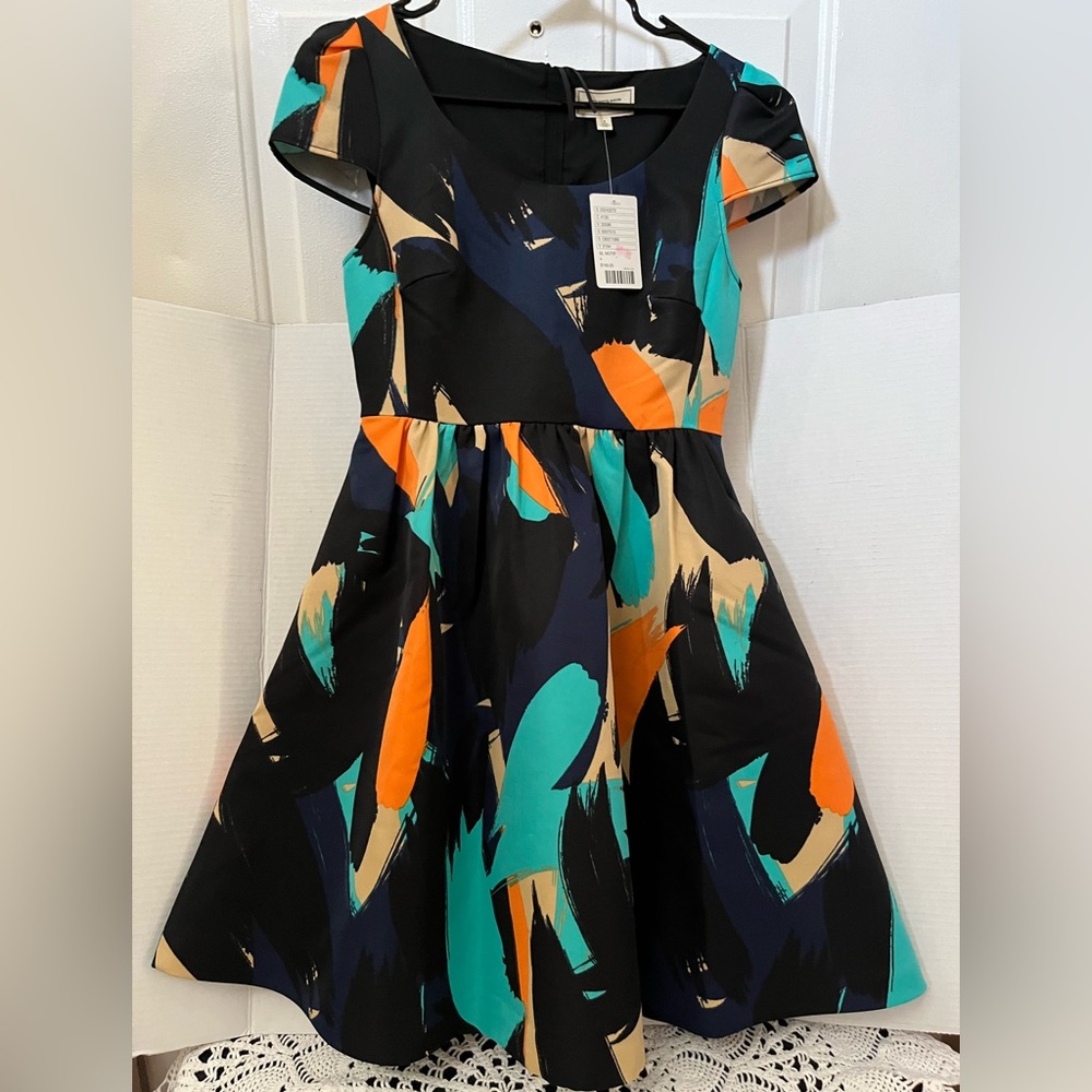 Moulinette Soeurs Navy, Teal ,Orange Abstract Fit & Flare Dress